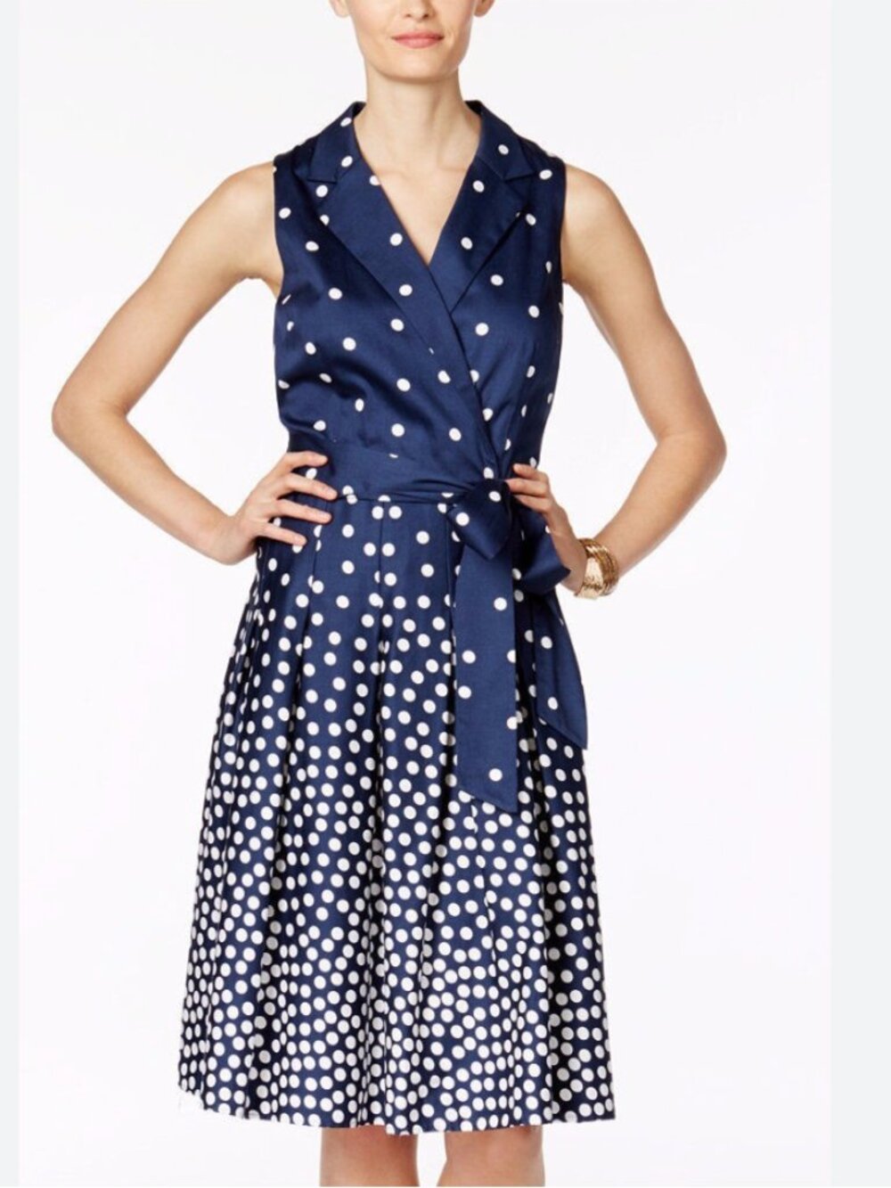 NWT Anne Klein Dress Womens Scattered Polka Dot Breton Blue Optic White Midi